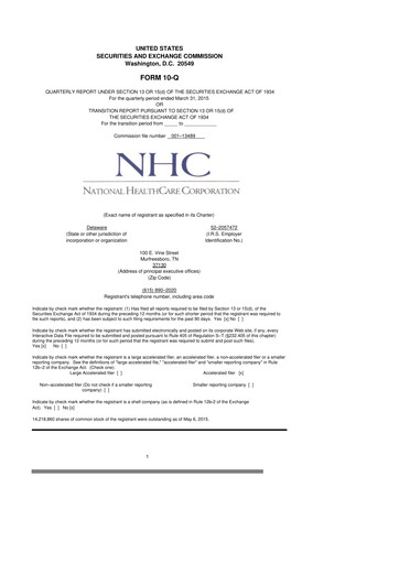 Thumbnail National Healthcare
 10-Q Quarterly Report FY2015 