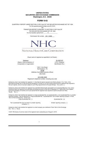 Thumbnail National Healthcare
 10-Q Quarterly Report FY2015 