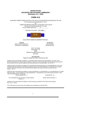 Thumbnail National Healthcare
 10-Q Quarterly Report FY2016 