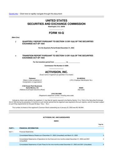 Thumbnail Activision Blizzard 10-Q Quarterly Report FY 