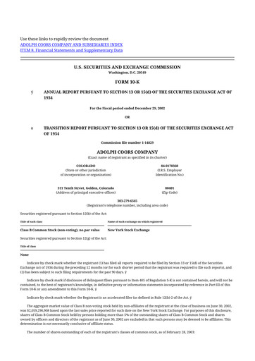 Thumbnail Molson Coors 10-K Annual Report 