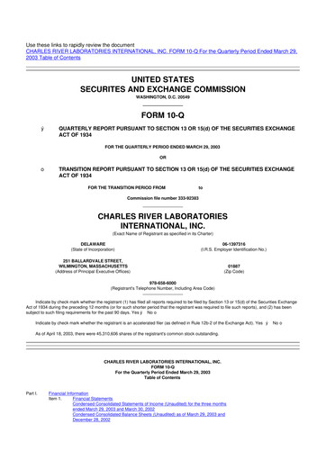 Miniature Charles River Laboratories
 10-Q Rapport trimestriel  