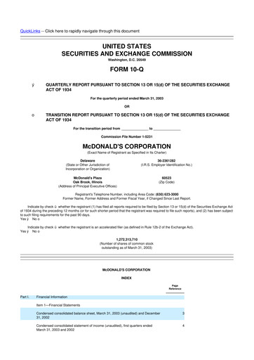 Miniature McDonald 10-Q Rapport trimestriel  