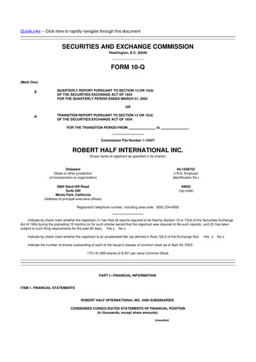Miniature Robert Half 10-Q Rapport trimestriel  