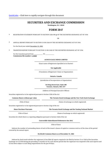 Thumbnail Agnico Eagle Mines 20-F Annual Report 