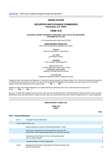 Miniature Simon Property Group 10-Q Rapport trimestriel  