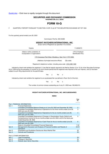 Thumbnail Weight Watchers 10-Q Quarterly Report FY 