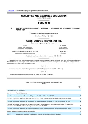 Thumbnail Weight Watchers 10-Q Quarterly Report FY 