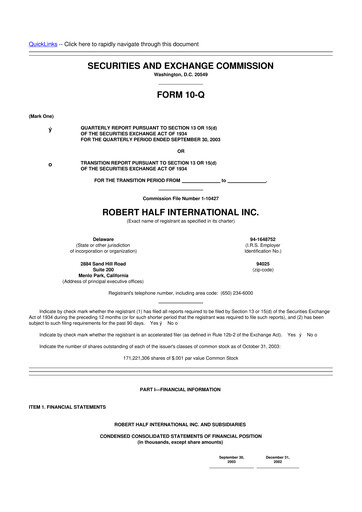 Miniature Robert Half 10-Q Rapport trimestriel  