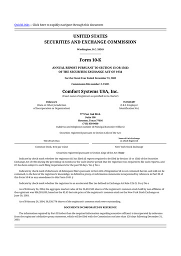 Thumbnail Comfort Systems USA 10-K Annual Report 