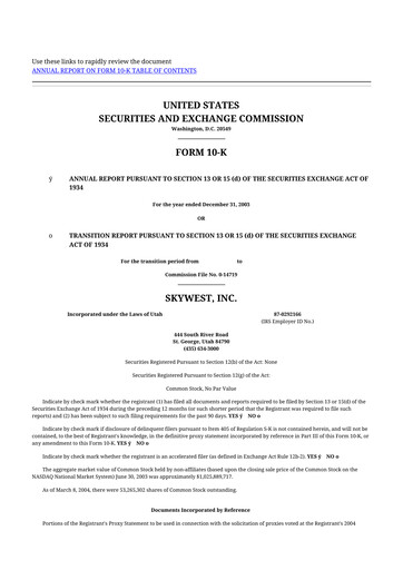 Thumbnail SkyWest 10-K Annual Report 