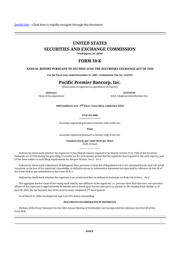 Thumbnail Pacific Premier Bancorp
 10-K Annual Report 