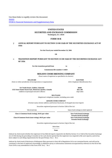 Thumbnail Molson Coors 10-K Annual Report 