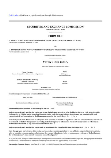 Thumbnail Vista Gold
 10-K Annual Report 