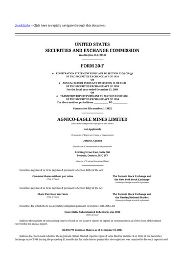 Thumbnail Agnico Eagle Mines 20-F Annual Report 