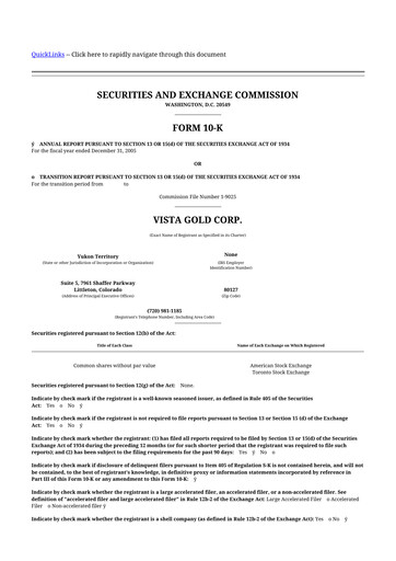 Thumbnail Vista Gold
 10-K Annual Report 