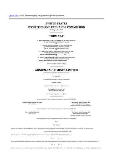 Thumbnail Agnico Eagle Mines 20-F Annual Report 