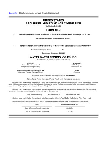 Miniature Watts Water Technologies
 10-Q Rapport trimestriel  