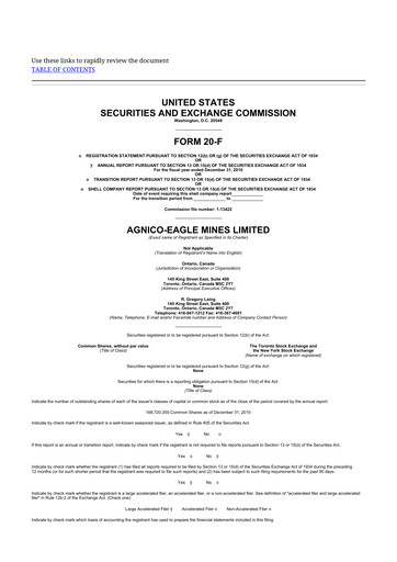 Thumbnail Agnico Eagle Mines 20-F Annual Report 2010