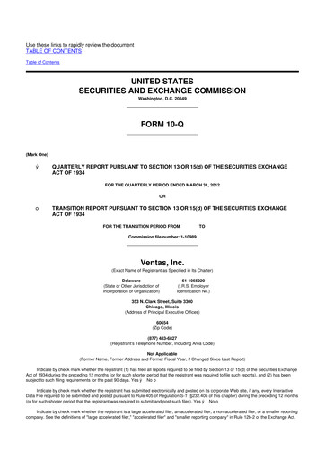 Miniature Ventas 10-Q Rapport trimestriel 2012 