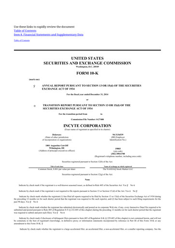 Thumbnail Incyte 10-K Annual Report 2014