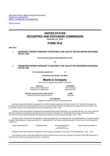 Miniature Moelis & Company 10-Q Rapport trimestriel 2015 
