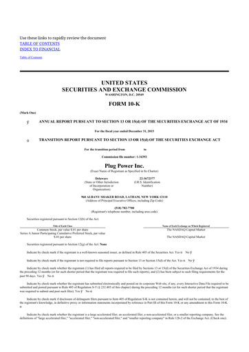 Thumbnail Plug Power 10-K Annual Report 2015