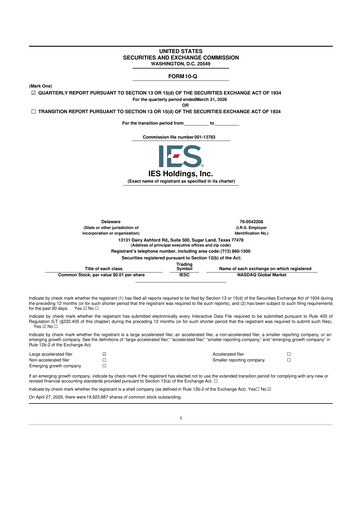 Miniature IES Holdings 10-Q Rapport trimestriel  