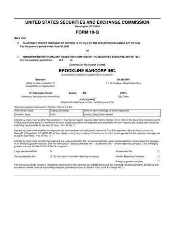 Thumbnail Brookline Bancorp 10-Q Quarterly Report FY2020 