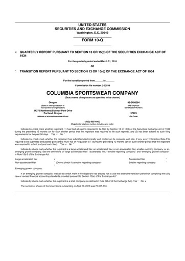 Thumbnail Columbia Sportswear
 10-Q Quarterly Report FY2018 