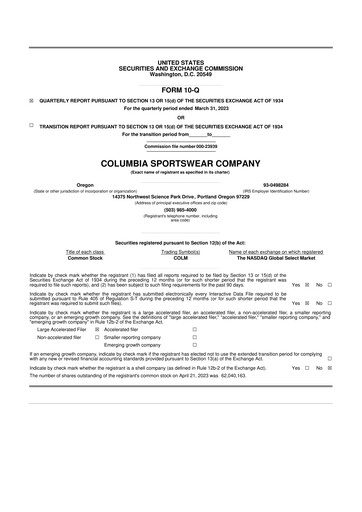 Thumbnail Columbia Sportswear
 10-Q Quarterly Report FY2023 