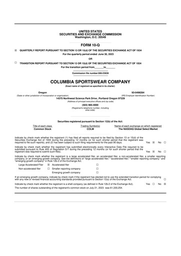 Thumbnail Columbia Sportswear
 10-Q Quarterly Report FY2023 