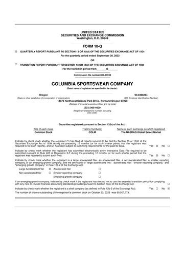 Thumbnail Columbia Sportswear
 10-Q Quarterly Report FY2023 