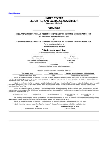 Miniature CRA International
 10-Q Rapport trimestriel 2022 