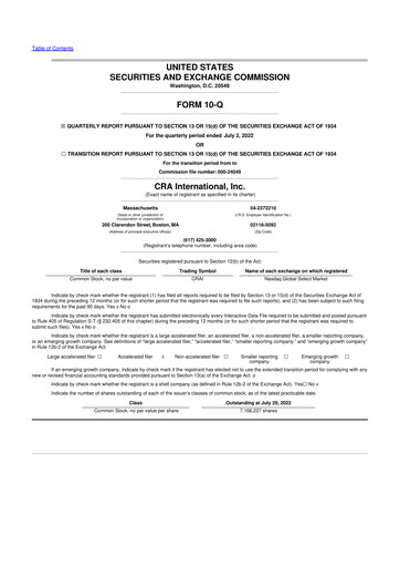 Miniature CRA International
 10-Q Rapport trimestriel 2022 