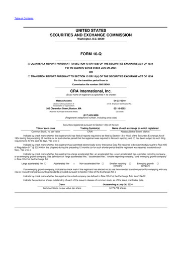 Miniature CRA International
 10-Q Rapport trimestriel 2024 