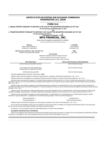 Thumbnail MFA Financial 10-K Annual Report 2013