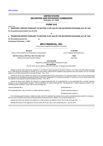 Thumbnail MFA Financial 10-Q Quarterly Report FY2018 