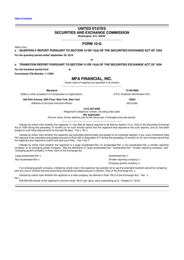 Thumbnail MFA Financial 10-Q Quarterly Report FY2018 