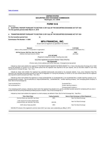 Thumbnail MFA Financial 10-Q Quarterly Report FY2019 