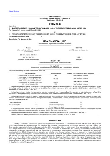 Thumbnail MFA Financial 10-Q Quarterly Report FY2020 