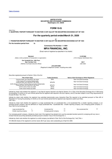 Thumbnail MFA Financial 10-Q Quarterly Report FY 