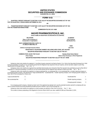 Vorschaubild Inovio Pharmaceuticals 10-Q Quartalsbericht 2018 
