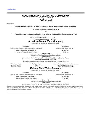 Thumbnail American States Water
 10-Q Quarterly Report FY2019 