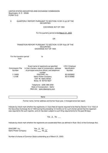Thumbnail Idacorp 10-Q Quarterly Report FY 