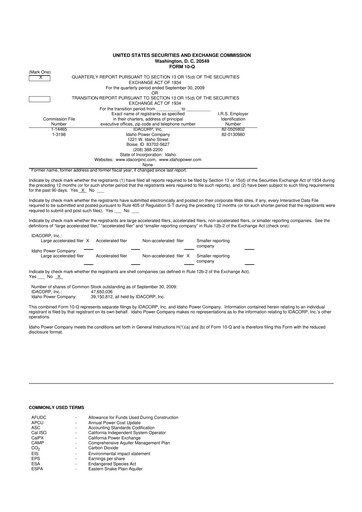 Thumbnail Idacorp 10-Q Quarterly Report FY 
