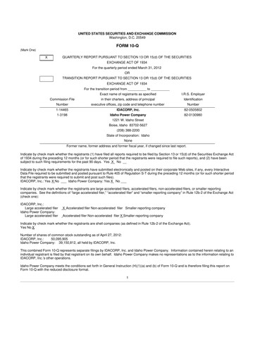 Thumbnail Idacorp 10-Q Quarterly Report FY2012 