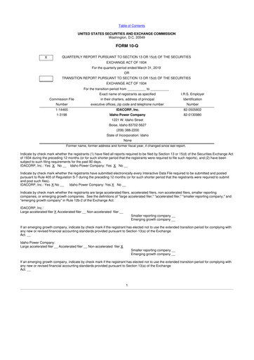 Thumbnail Idacorp 10-Q Quarterly Report FY2019 