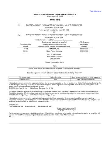 Thumbnail Idacorp 10-Q Quarterly Report FY 