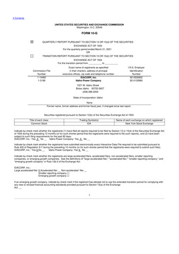 Thumbnail Idacorp 10-Q Quarterly Report FY 